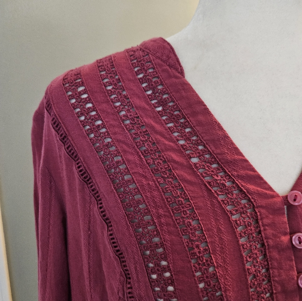 Free People Deep Pink V-Neck Eyelet Blouse Women's Size Small S - Picture 4 of 16